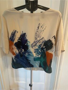 BCBGMaxAzria Abstract Brushstroke Boxy Top in Beige, Blue & Teal